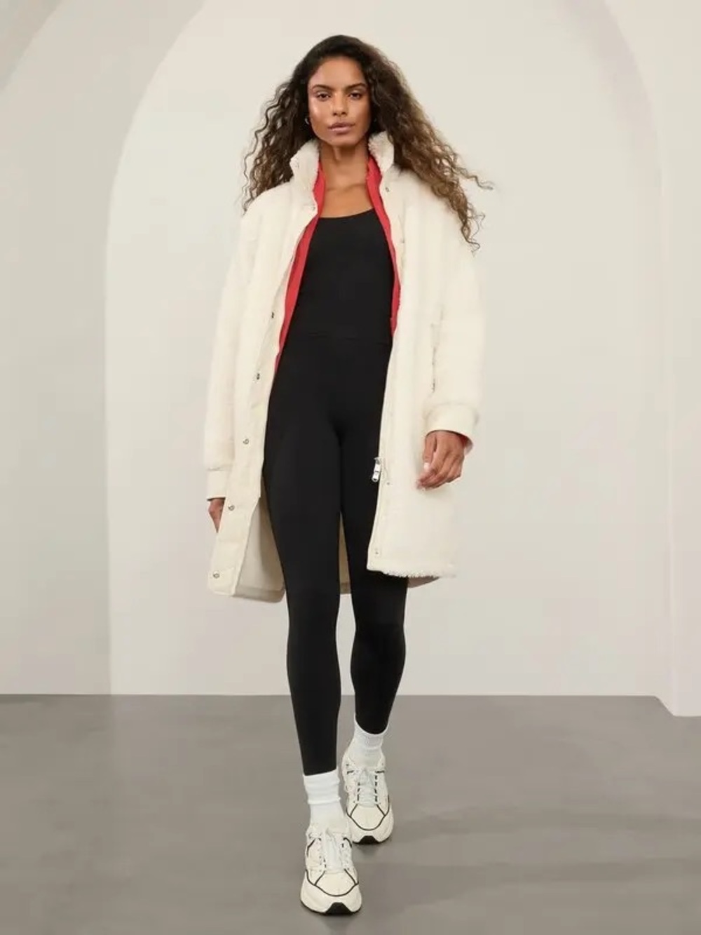 Athleta Sherpa Fleece Hybrid Long Coat in Cream